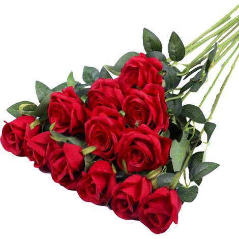 12 roses artificielles en velours, longues tiges, fleurs artificielles-AquaForge (1/5)