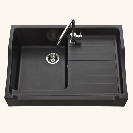 Kümbad – Évier timbre d'office granit noir 89,5x61 cm – 1 bac – Évier à poser avec égouttoir à droite – Bonde et siphon inclus (1/5)