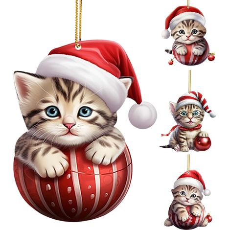 Décorations de sapin de Noël (lot de 4) - Pendentifs chats en acrylique 2D - Chats portant des bonnets de Père Noël (1/5)