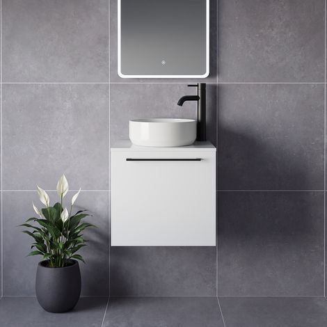 Napoli 390 Gloss White 500mm Wall Mounted Single Drawer Vanity Unit for Countertop Basins - 500mm - Matt Black 320mm Handle