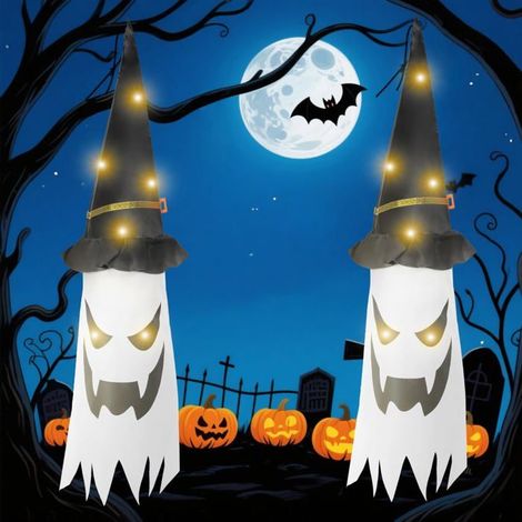2PCS Fantômes Halloween Decoration Effrayante avec Chapeau Sorcier, 80CM Fantome Suspendu LED Halloween Decor pour Fenetre Jardin (1/5)
