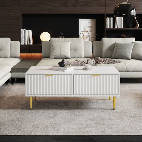 Couchtisch 100x50x40 cm Weiß-Gold MDF mit 2 Schubladen und Ablage (1/5)