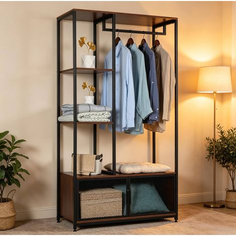 Appendiabiti industriale 90x40x167 cm con ripiani, struttura in MDF e metallo, nero (1/4)