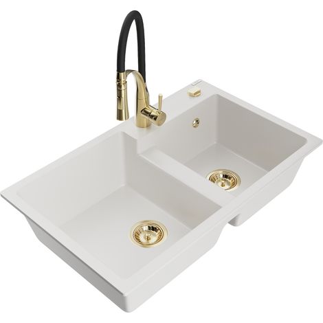 Mexen Tomas évier de cuisine en granit 2 bacs avec robinet Aster, blanc - 6516-20-73450-57-G (1/5)