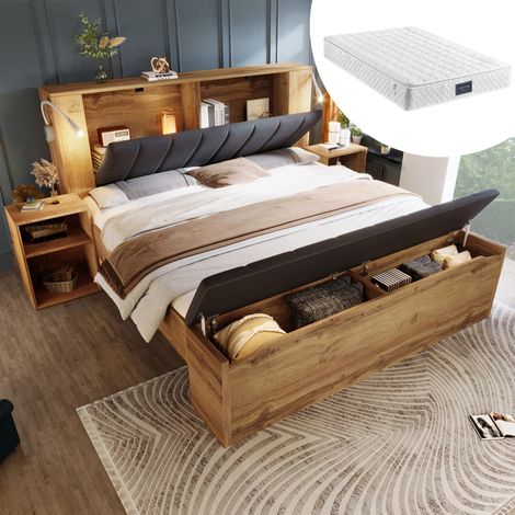 Lit Double 160x200 cm avec Matelas H3, Banc Coffre, 2 Chevets et Lampes USB, Tête de Lit Rabattable Lin, Métal et MDF Chêne (1/5)