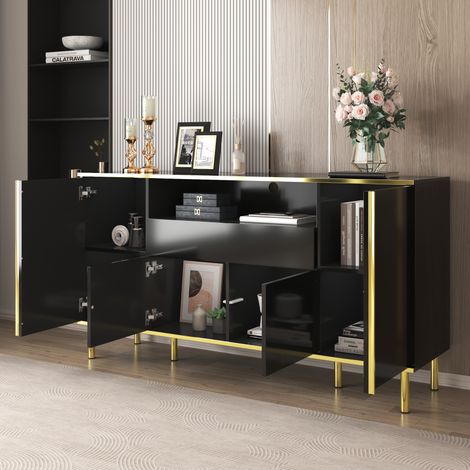 Buffet noir laqué brillant 1 tiroir L150/P40/H80cm - Commode de chambre