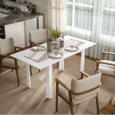 Mesa de comedor extensible 120-160x80x78 cm blanca en madera MDF con acabado brillante (1/5)