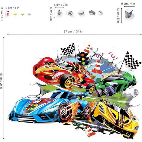 Sticker Mural - Voiture De Course - PVC Auto-Adhésif Non Toxique - Pour Chambre Enfant - 2 Feuilles (1/4)