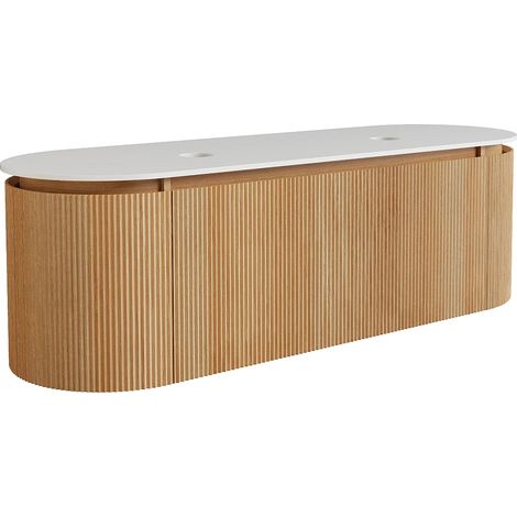 Mobile sotto lavabo sospeso scanalato in legno di frassino con piano in pietra sinterizzata opaca Naturale chiaro L150 cm - LILIKO (1/4)