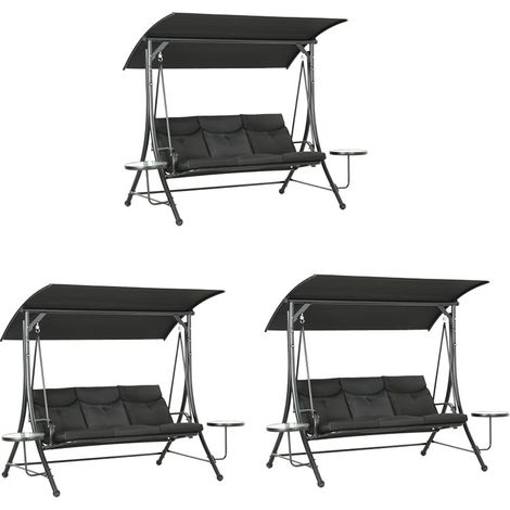 3er-Set hollywoodschaukel mit Couchtische, 3-Sitzer Gartenschaukel mit verstellbarem Sonnendach, Schaukelbank belast bis 300kg, für Garten, Terrasse, 271 x 125 x 177 cm, Schwarz