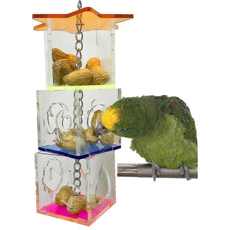 Boîte à nourriture transparente pour oiseaux, gamelle et jouet à mâcher. (1/5)
