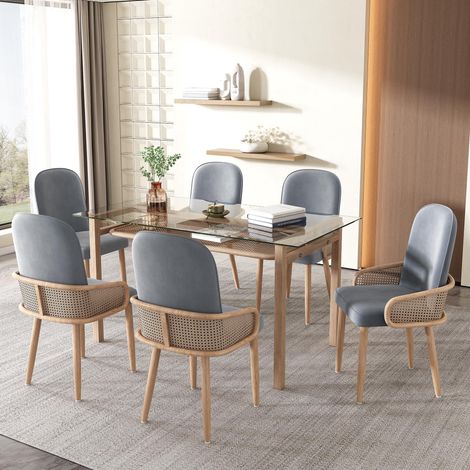 Ensemble de 6 chaises de salle à manger en velours, motif rotin, pour salon ou chambre, avec quatre pieds en métal (effet bois), grises. (1/5)