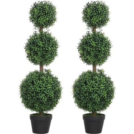 Set of 2 Artificial Boxwood Topiary Trees, 100cm Ball-Shaped Faux Potted Plants, Green Decorative Shrubs for Indoor & Outdoor Home Garden Decor (1/5)