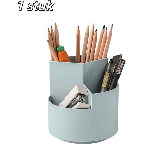 Porte crayons rotatif bleu à 3 compartiments organisateur de bureau et de cosmétiques pour stylos pinceaux de maquillage et petits objets (1/5)