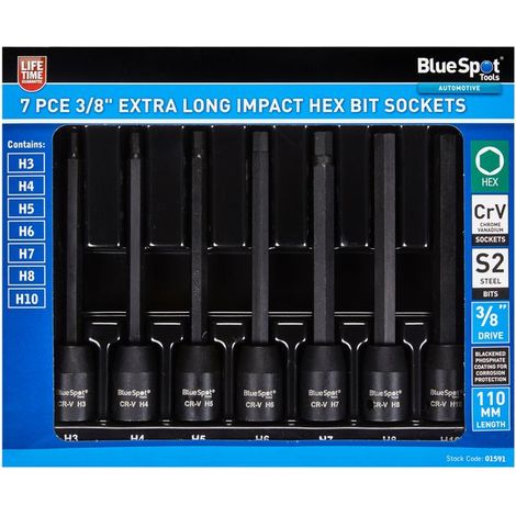 BlueSpot 7pc Extra Long Impact Hex Allen Bit Sockets 3/8" Drive H3 - H10 Set (1/2)