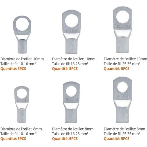 30 Pièces Cosses Electriques Ronde à Œillet en Cuivre Étamé - Extrémités de Câbles de Batterie Non Isolées - Cosses à Sertir a Oeil à Anneau - 16-35 mm² (1/4)