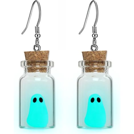 Boucles d'oreilles fantôme phosphorescentes en bouteille pour Halloween - Bijou pendentif bleu effrayant, design unique de petit fantôme pour femmes, idéal pour Halloween et les fêtes de fin d'année (1/5)