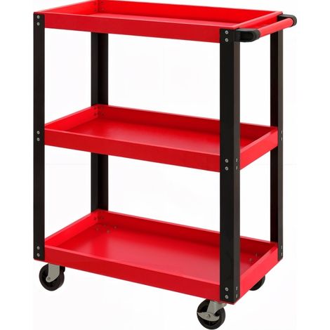 Chariot d’atelier 3 niveaux en métal rouge, 120 kg, avec roulettes freinées et poignée, pour outils et accessoires, idéal garage et atelier - CHICFURN (1/5)