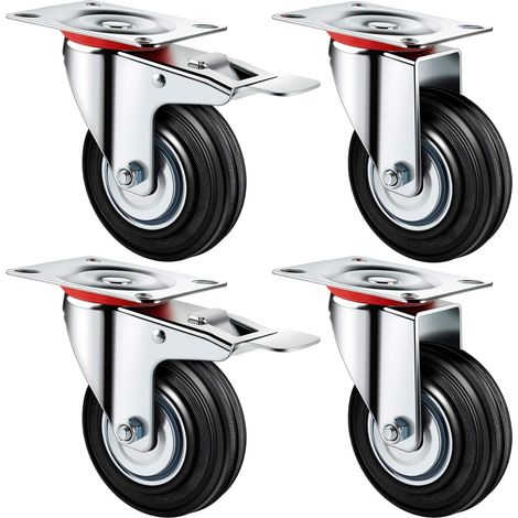 Jeu de 4 roulettes pivotantes 125 mm roulettes lourdes (2 standard, 2 freins) 100 kg par rouleau (1/4)