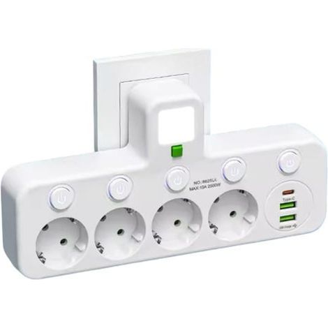 Multiprise Murale avec 4 Prises EU, 2 Ports USB, 1 Port Type-C, Interrupteurs Individuels (4p + USB Blanc) (1/4)