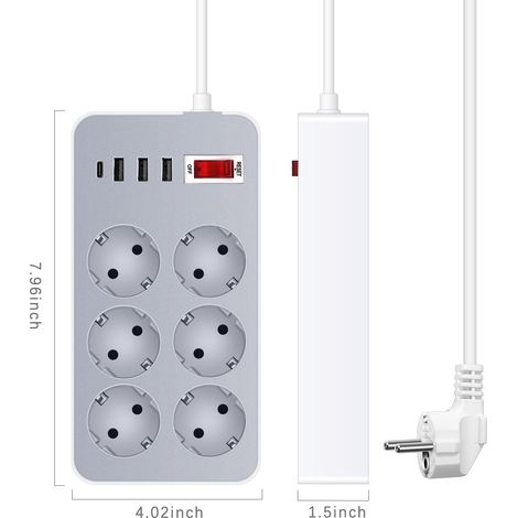 Multiprise multifonction 10 en 1 avec câble de 1,2 mètre, 6 prises de courant et 4 ports USB pour la maison, le bureau et l'hôtel. Prise européenne. (1/5)