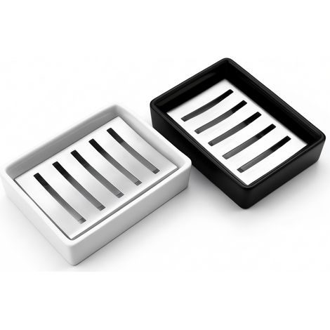 Portasapone in Ceramica con Supporto in Acciaio Inossidabile, Portasapone Rettangolare a Doppio Scarico per Bagno (Nero + Bianco) (1/5)