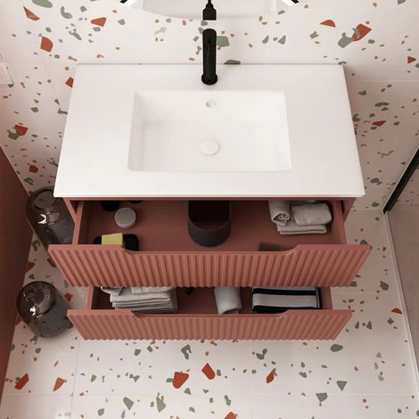 meuble de salle de bains leon 80cm terracotta - 2 tiroirs en mdf ondulés - vasque à encastrer — vue 2