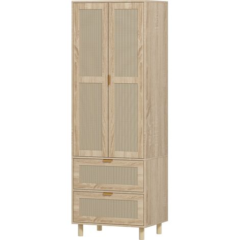 Kleiderschrank mit 2 Rattantüren, 2 Schubladen, Kleiderstange, Naturholz, 63 x 47 x 185 cm (1/5)