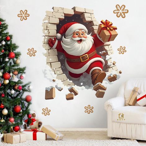 Stickers muraux de Noël, grands stickers muraux 3D Père Noël, stickers de porte, stickers de fenêtre de Noël - décorations murales de Noël amovibles pour les fêtes d'hiver, 35 x 40 cm, effet « brise-m (1/5)
