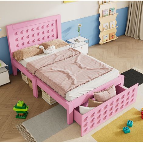 MEUBLIV Lit enfant 90 x 200 cm en bois design blocs avec tiroir et espace de rangement sous le lit rose (1/5)