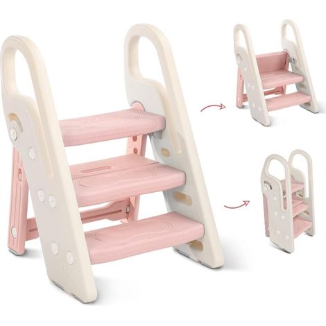 Marche Pied Pliable pour Enfant, Marchepied 3 Marches pour bébé, Marchepieds Hauteur réglable pour Chambre de bébé Rehausseur Stable, Multifonction et Antidérapant, avec Poignées Sécurité,654946cm,Ros (1/5)