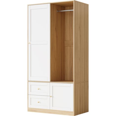 Armario ropero autoportante con puerta corredera en MDF, blanco y madera, 90 x 50 x 180 cm (1/5)