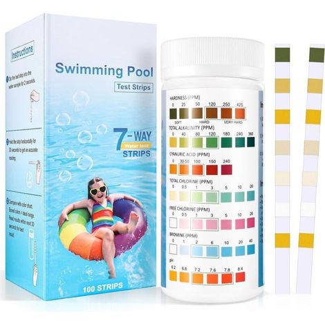 7 en 1 Testeur pour Eau de Piscine et Spa, 100 Bandelettes Test Piscine, Test Piscine Chlore et ph, Le Brome, la Dureté Totale, l’Alcalinité Totale, l’Acide cyanurique, Le Chlore Total
