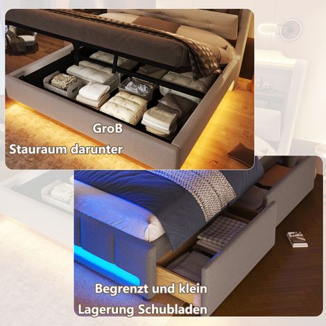 Lit capitonné 140x200cm avec éclairage LED, coffre hydraulique, tiroirs intégrés, style flottant, sans matelas, ports USB-C, housse lin beige (1/5)