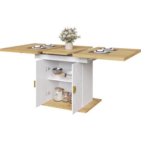Tavolo da Pranzo Allungabile 110-140x70x76.5 cm, con Piano in Legno, Design Moderno, in MDF, Bianco, per 6-8 Persone (1/5)