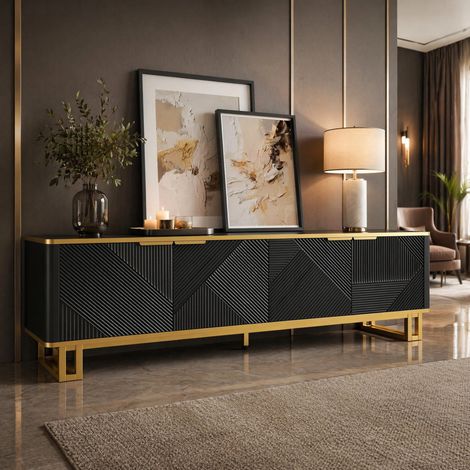 Meuble TV 160 cm 4 portes rangement MDF noir OKMYHOME (1/5)