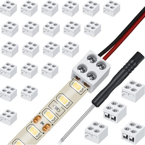 Lot de 25 connecteurs de lumière LED sans soudure, connecteur de bornier à 2 broches, connecteur de bande LED 8 mm, ruban à fil pour bandes LED 5 V, 12 V, 24 V, blanc (1/5)