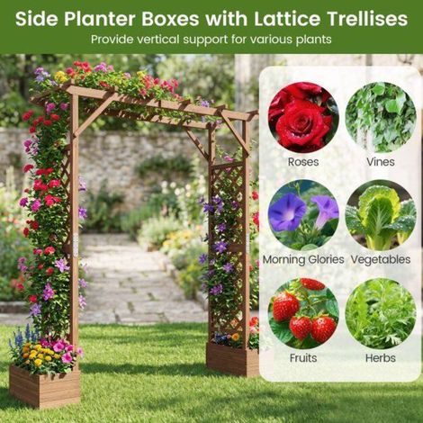 221 cm arche de jardin en bois avec bacs à fleurs, treillis et toit suspendu pour plantes grimpantes (1/5)