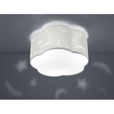 Runde Deckenleuchte Ø 40cm MOONY in weiß, Stoffschirm mit Mond + Sternen Design