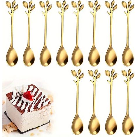 12 cucharas de postre de acero inoxidable, elegantes cucharillas de té, cucharas para pastel, brillantes y pulidas, con detalles dorados (1/5)