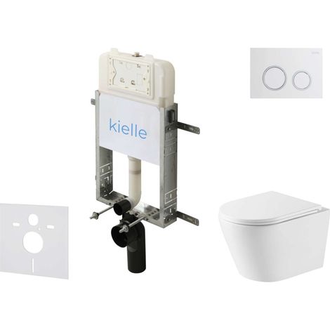 kielle Genesis New - Set bâti support, WC Nefia, Vortex Rimless+, siège softclose et bouton-poussoir Gemini New II, blanc brillant/chrome 30528SZ49