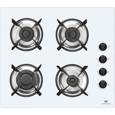 Continental Edison – Plaque de cuisson gaz 4 foyers – Brûleurs gaz sur verre blanc – Allumage électronique – Dimensions compactes 59,4 x 52,3 cm (1/4)