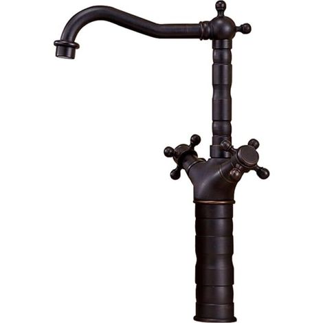 Doppelgriff-Kreuz-Küchenarmatur, Messing, Aufputzmontage, Einloch-Anschluss für Warm- und Kaltwasser (schwarz, hoch) (1/4)