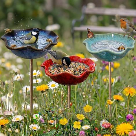Nichoir à oiseaux en céramique – Abreuvoir et baignoire 2 en 1 sur piquet – Installation facile – Design en forme de fleur pour jardin (1/5)