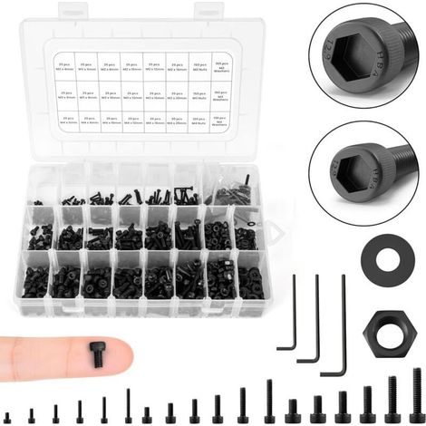 (1290 Pièces) Assortiment Vis, Ecrou & Rondelles M2, M3, & M4 Boite Visserie Métrique Boulons, Clés Allen Acier Allié 12,9, Placage Antirouille Boite avec Diviseurs & Étiquettes (1/4)