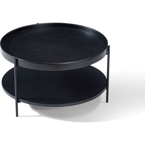 Couchtisch Rund mit 2 Offenen Ablagen, Gestell aus Schwarzem Metall, fuer Wohnzimmer oder Schlafzimmer, Holz und MDF, Schwarz (1/4)