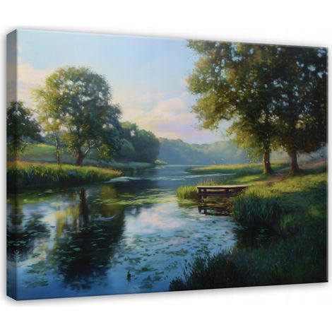 Leinwandbild Wald und Fluss, Natur Landschaft mit Bäumen für Schlafzimmer, Wohnzimmer und Küche, hochauflösender Druck, 60 x 40 cm