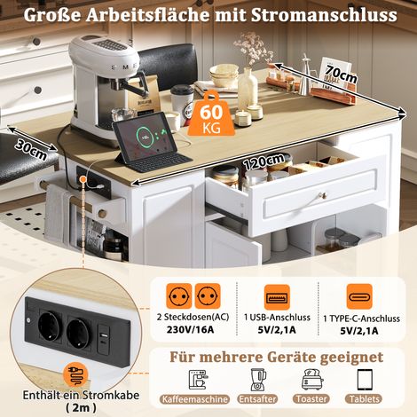 Îlot de cuisine mobile avec roulettes, table extensible, tiroirs multifonctions et compartiment poubelle, meuble roulant polyvalent pour cuisine et salle à manger (Blanc) (1/5)