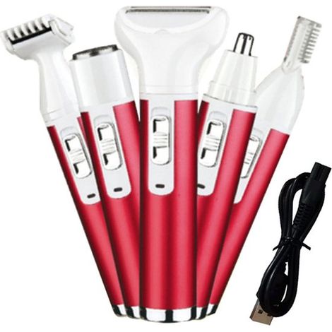 Rasoio elettrico per donna: epilazione per corpo, naso, viso, sopracciglia, gambe, ascelle, zona bikini e zona pubica. Kit di rasatura 5 in 1 portatile e ricaricabile, indolore e senza dolore.
