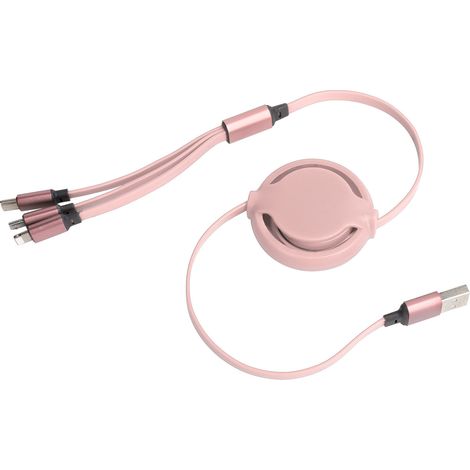 Câble de charge USB 3-en-1 rétractable rapide pour iPhone, Android et appareils Micro USB - Rose (1/5)